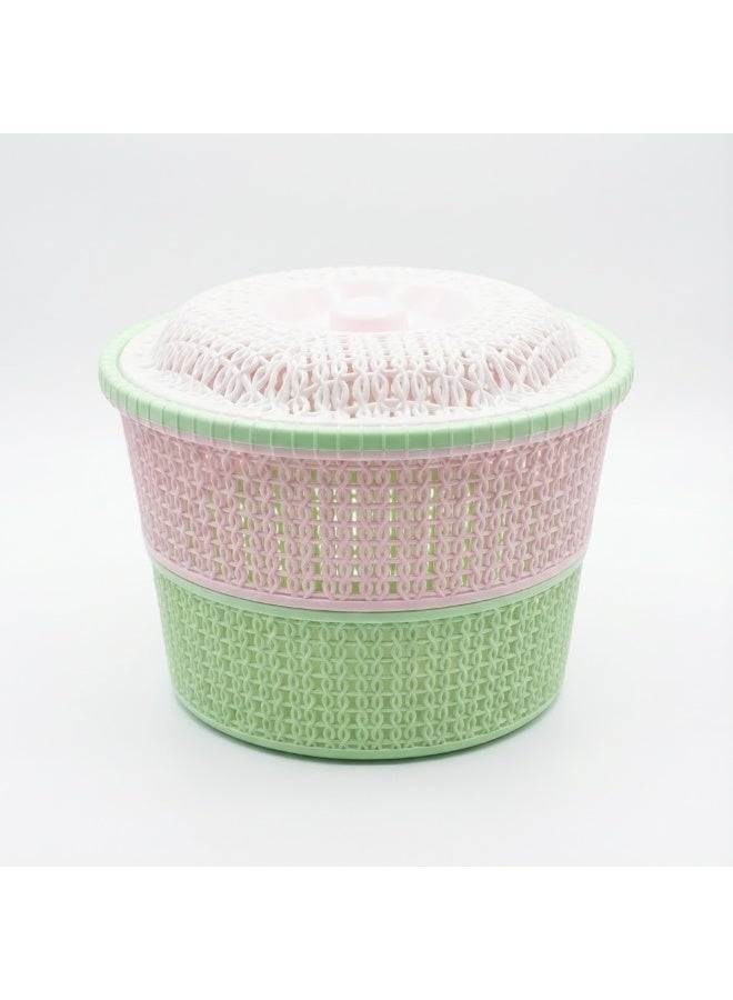 Round Plastic Clothespin & Storage Basket with Lid - Woven Design Multipurpose Organizer Bin - Pastel Green & Pink - Image 1